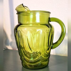 Vintage Anchor Hocking Colonial Avocado Green Tulip 1960's 64oz Pitcher Ice Lip
